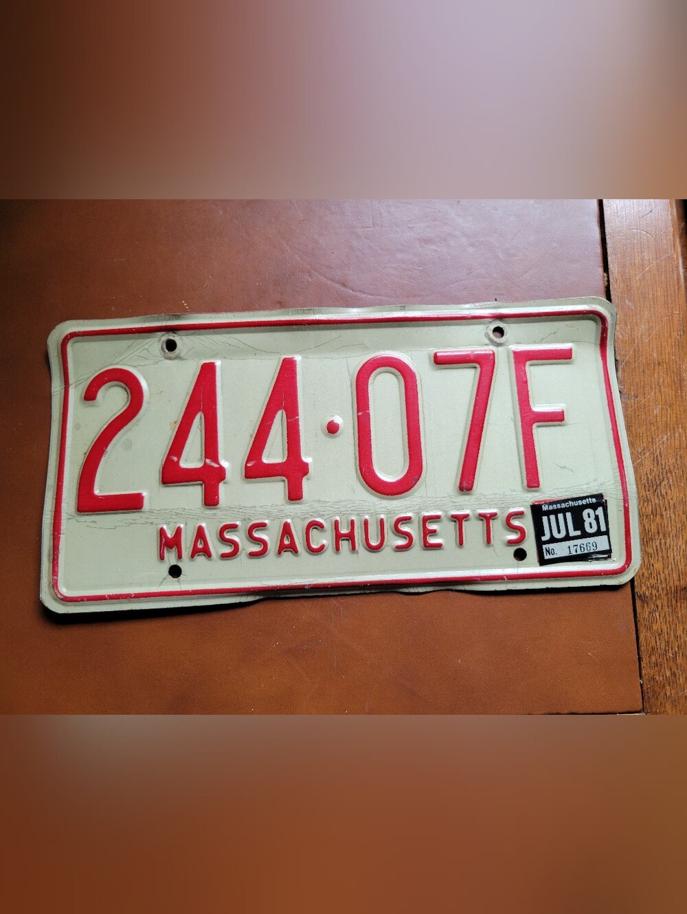 Vintage Massachusetts License Plate 1981 Mass MA Red White Tag 244-07F YOM